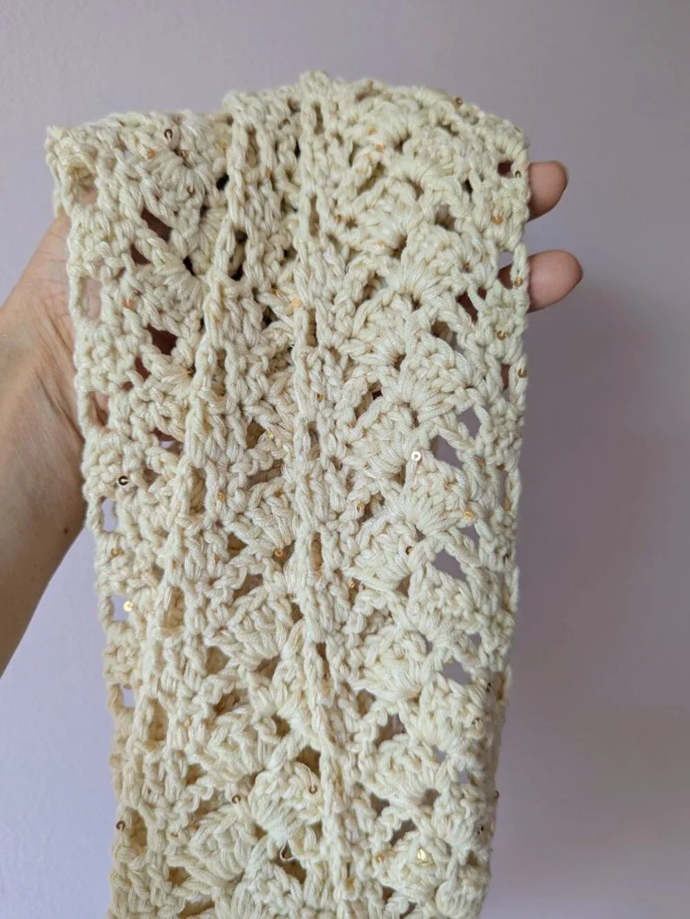 Handmade Crochet Lace Sequin Skinny Scarf Extra Long Linen Cream Gold